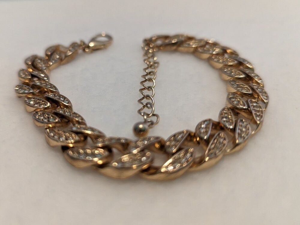 Cuban Chain Bracelet Gold Tone with Rhinestones